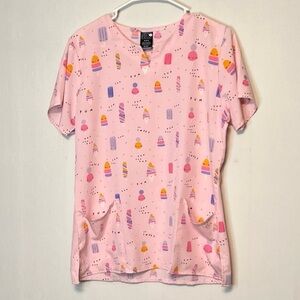 Zoe + Chloe Women's Medium M Scrub Top Pink Sweets Print Nurse.